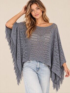 Gray Open Knit Fringe Poncho Sweater Boho Crochet 100% Rayon NWOT